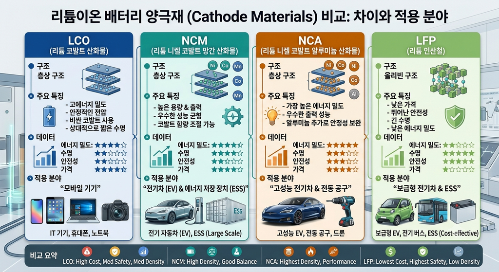 LCO·NCM·NCA·LFP 양극재의 차이와 각각의 적용 분야. 이차전지 기술 소재 2 Gemini Generated Image x14qjsx14qjsx14q