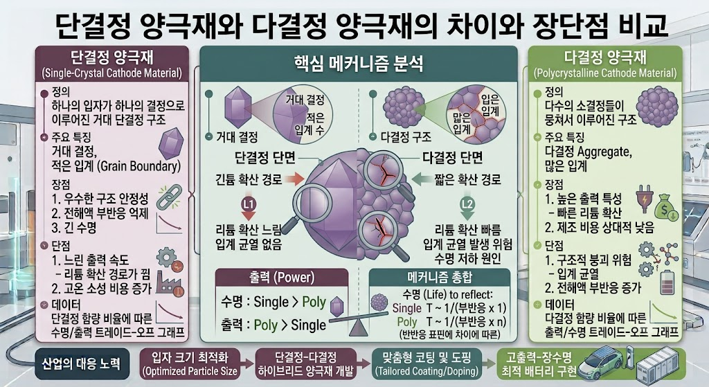 단결정 양극재와 다결정 양극재의 차이와 장단점. 이차전지 기술 소재 2 단결정