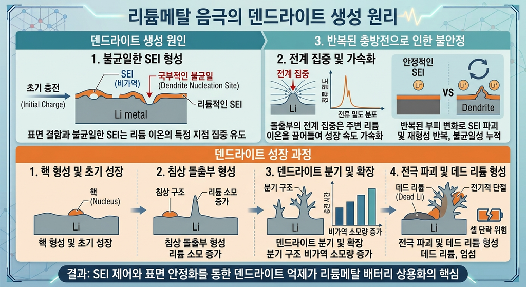 리튬메탈 음극에서 덴드라이트가 생성되는 원리. 이차전지 기술 소재 2 리튬메탈덴드라이트