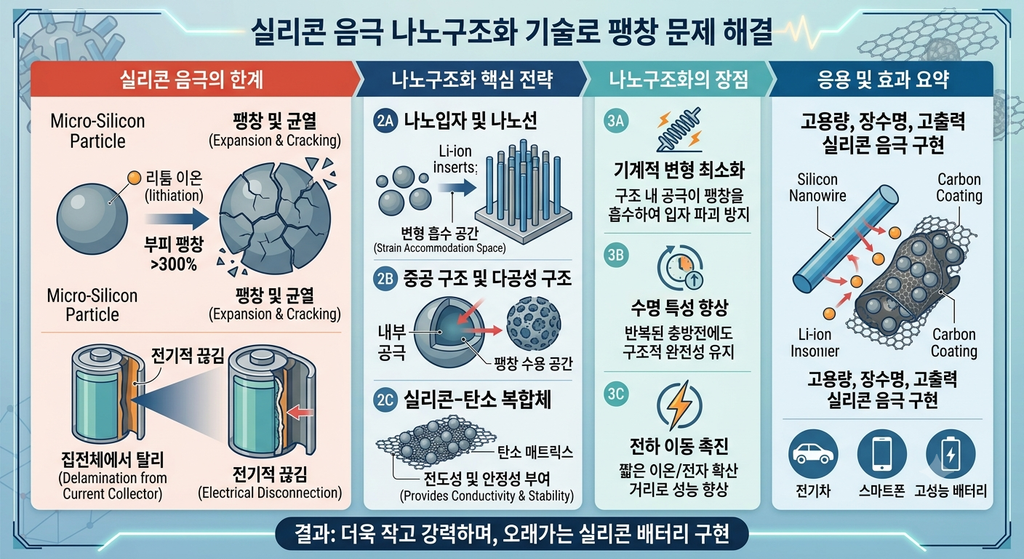 실리콘 음극의 팽창을 줄이기 위한 나노구조화 기술. 이차전지 기술 소재 2 실리콘음극