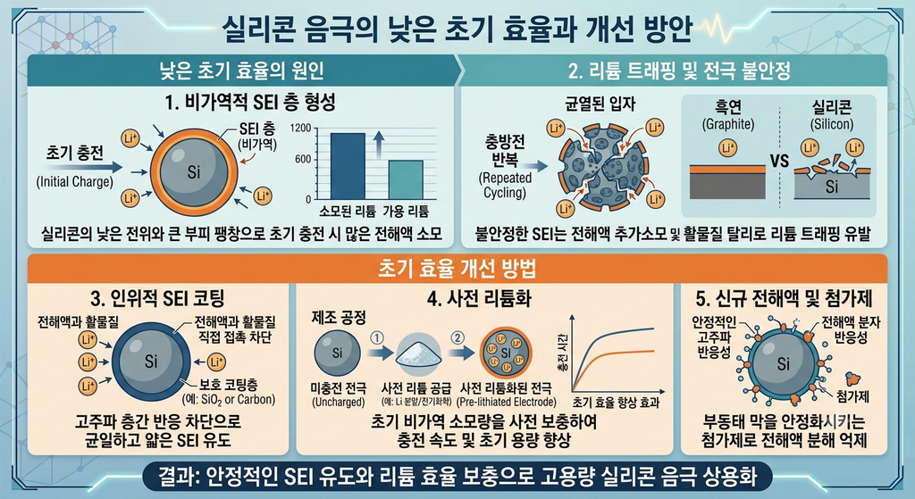 실리콘 음극의 초기 효율이 낮은 이유와 개선 방법. 이차전지 기술 소재 2 실리콘음극효율