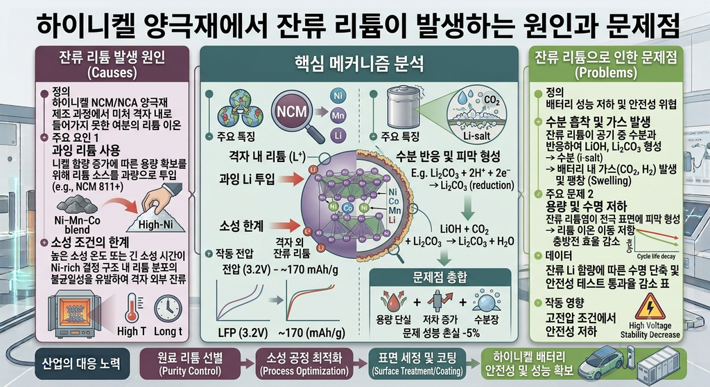 하이니켈 양극재에서 잔류 리튬이 발생하는 원인과 문제점. 이차전지 기술 소재 2 잔류리튬